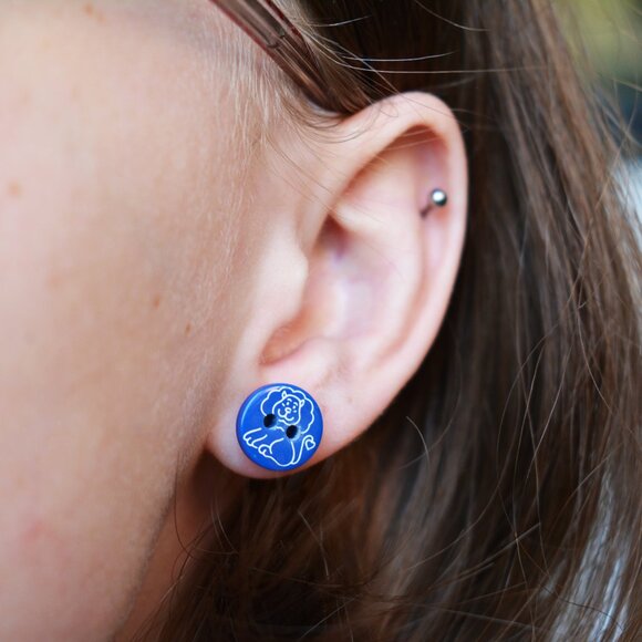 Blue Lion Button Stud Earrings - Picture 2 of 5